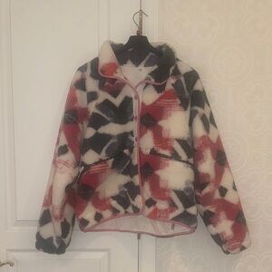 Free People Cozy Abstract Sherpa Zip Jacket in Red, Navy & Cream-Worn only once